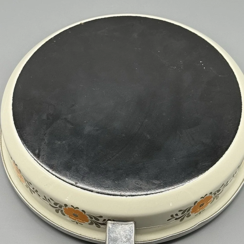 Vintage Cottagecore Enamel Frying Pan Skillet Floral‎ Orange Mid Century Retro